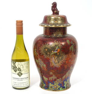 Carlton Ware Oriental Style Enamel Potiche: Carlton Ware Oriental-style enamel on porcelain potiche decorated with orientalist garden motif including butterflies and phoenix. Measures 15"H x 8"W. Condition report: Good condition, please see all