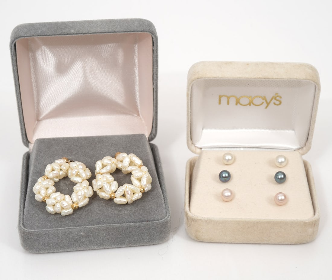 Group of 4 Sets of 14K YG and Pearl Earrings: Group of 4 sets of 14K yellow gold and pearl jewelry includes 3 pairs of pearl (5mm) and gold stud earrings and pair of baroque pearl cluster gold earrings (1.25"). Condition report: Good condition, p