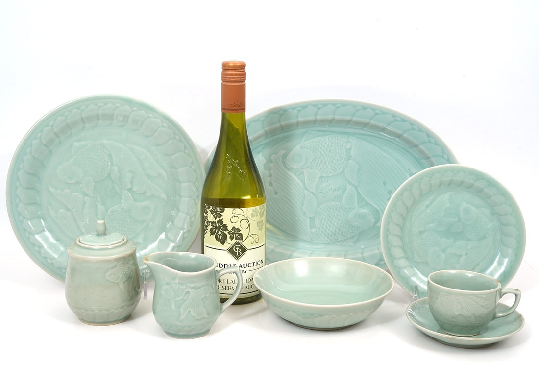 62 Pc. Set Chinese Celadon Koi Dinnerware (1 of 6)