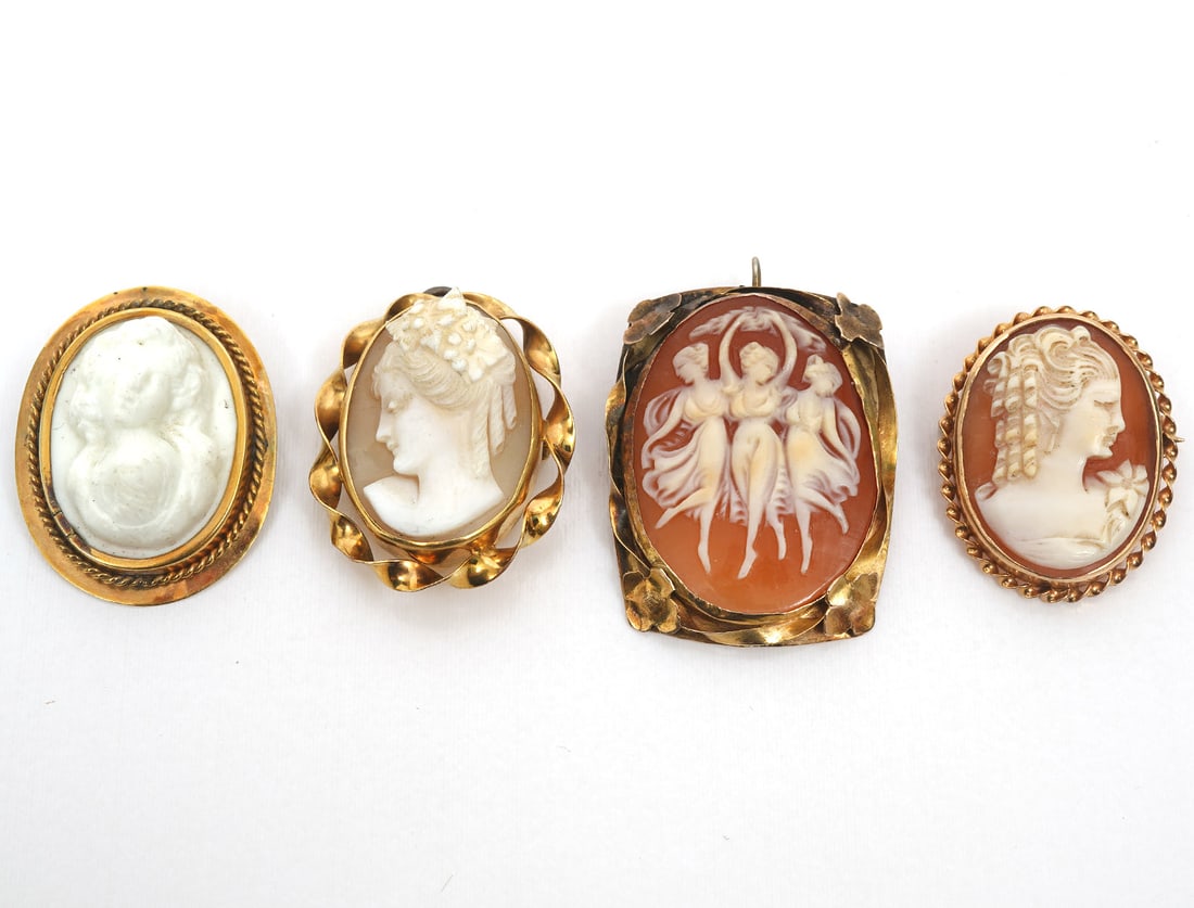 Group of 4 Carved Cameo 14K YG Pins (1 of 3)