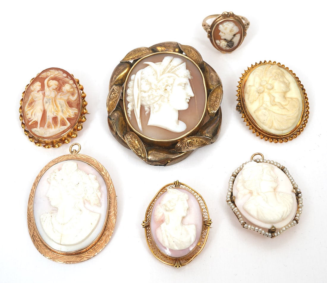 Seven 10K Yellow Gold Carved Shell Cameos (1 of 2)