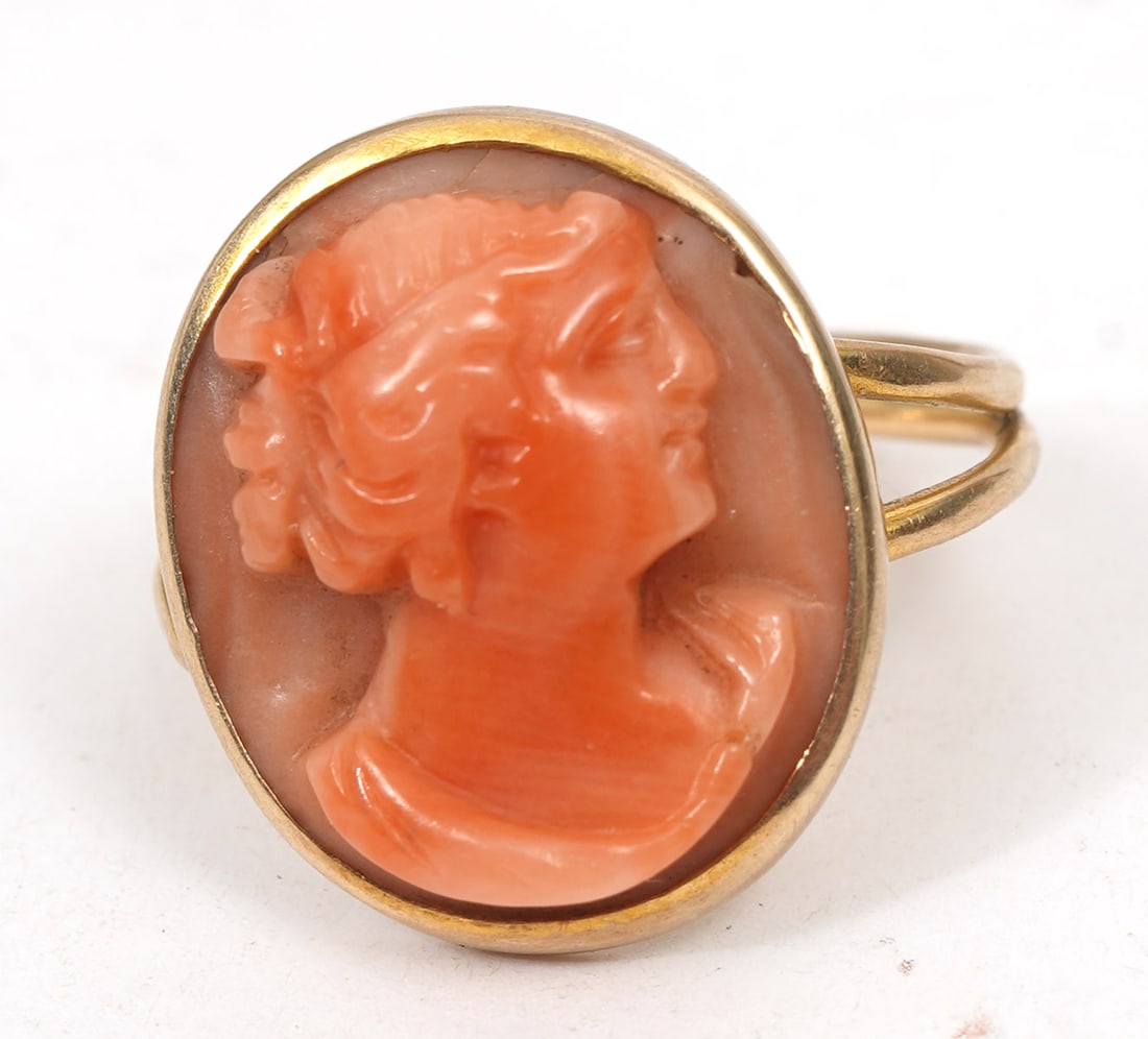 Victorian Coral Cameo 14K YG Pinky Ring (1 of 5)
