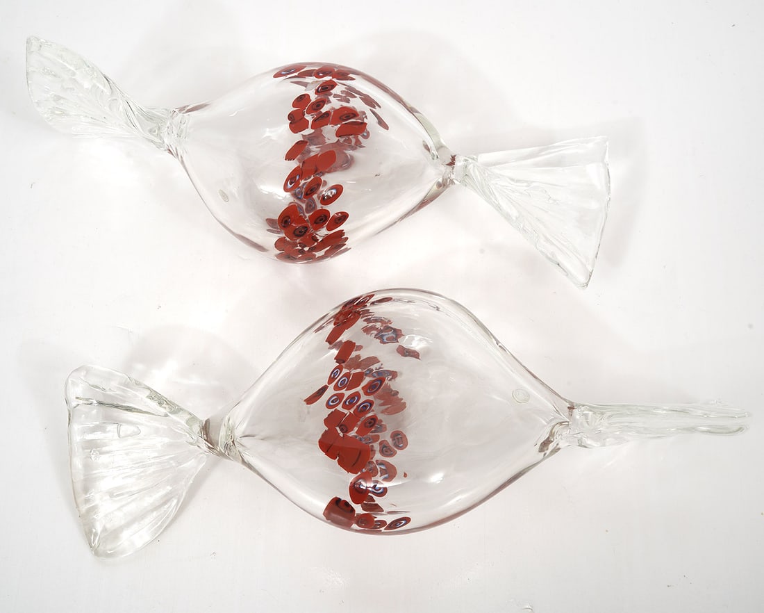 Two Large Murano Italian Hand-Blown Glass Candies: Two Large Murano Italian hand-blown glass candies. Measurements: 11" long and 4"W and 12"L x 5"W. Condition report: Good condition, please examine all photos closely. Contact C. Biddle Auction Gallery