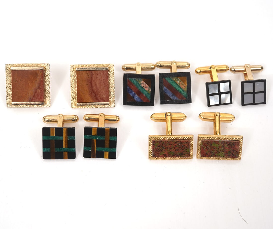 5 Pairs of Stone Gold-Filled Cufflinks: Lot includes pair of Christian Dior mother-of-pearl and square black onyx cufflinks (12mm); Black onyx & mixed stone inlaid squares (15mm); Onyx inlaid checkerboard design (15mm); German rectangular p