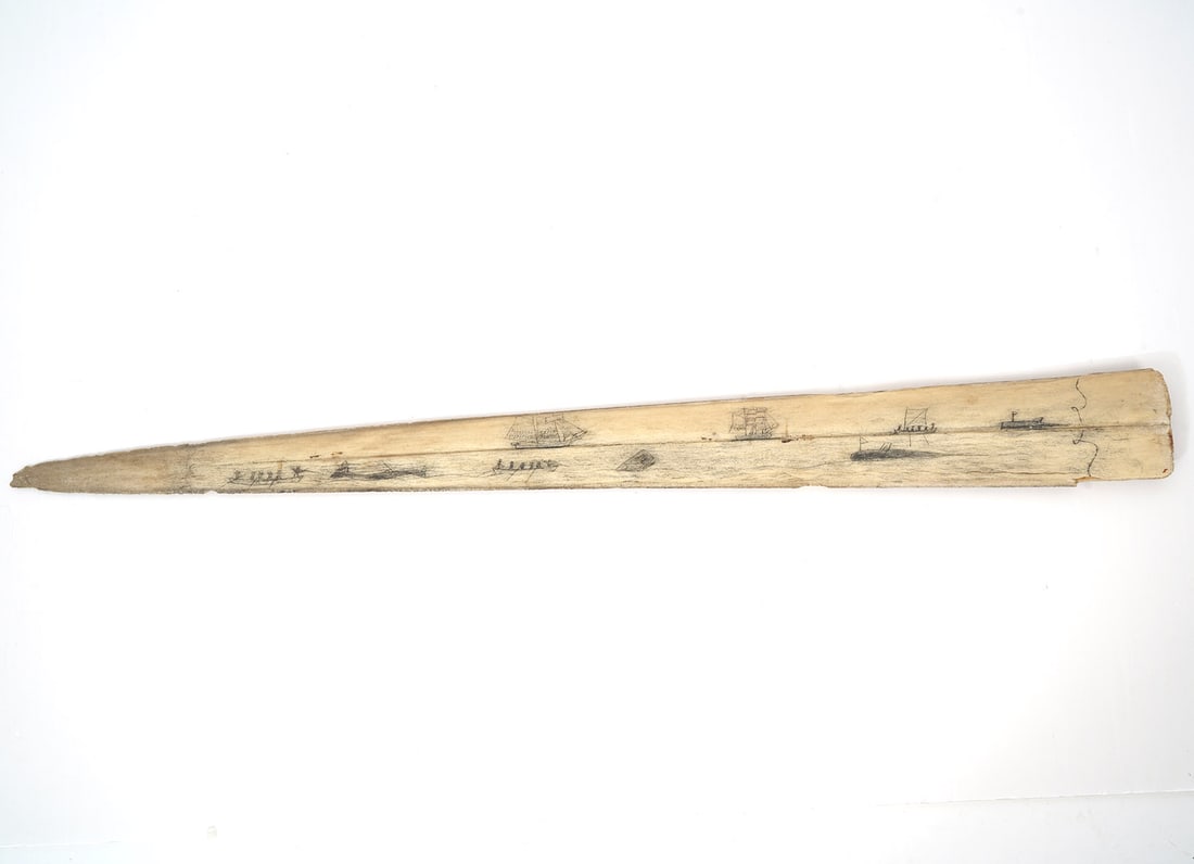 Early Scrimshaw Swordfish Bill: Early Scrimshaw swordfish bill with engraved whaling scene. Measures 30" long. Condition report: Good condition, common wear for age, please examine all photos closely. Contact C. Biddle Auction Galle