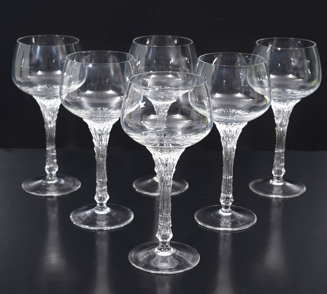 6 Rosenthal Crystal Split Wine Glasses: 6 Rosenthal crystal split pattern wine glasses with textured stems marked on base 'Rosenthal.' Measures 7"H x 2.75"W at top; 2.5"W base. Condition report: good, no issues, please see all photos. Conta