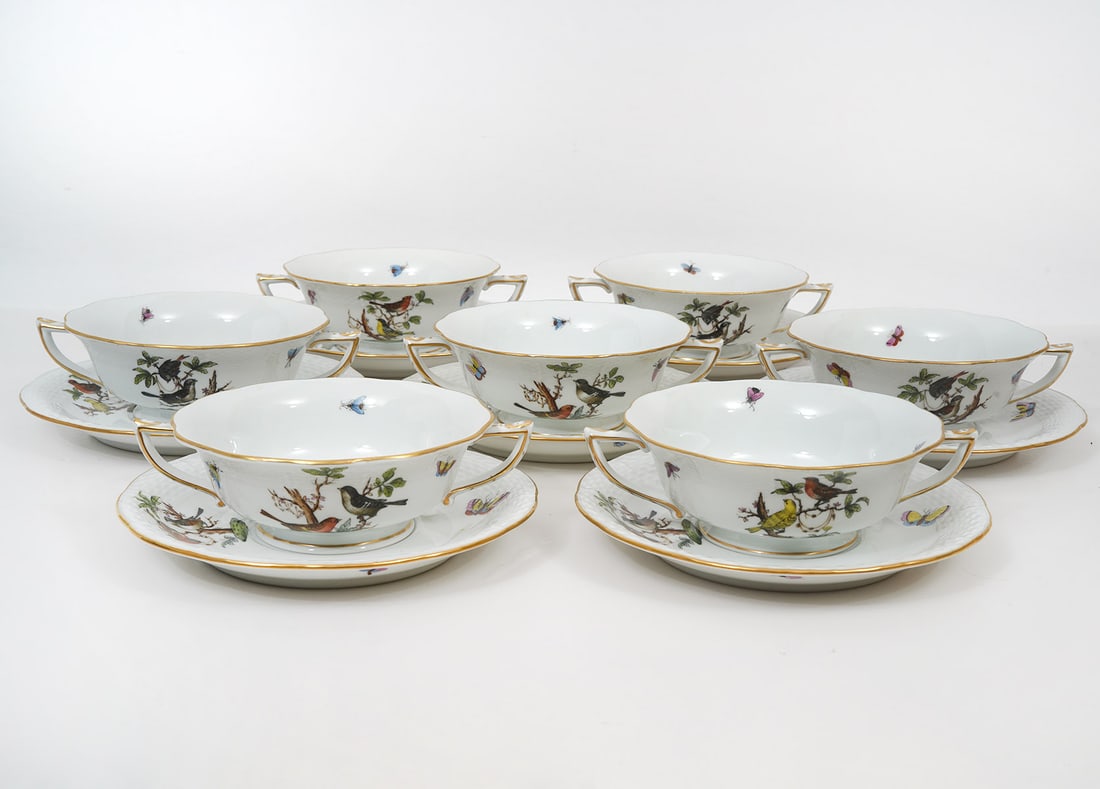 7 Sets Herend Rothschild Soup Bowls & Saucers (1 of 5)