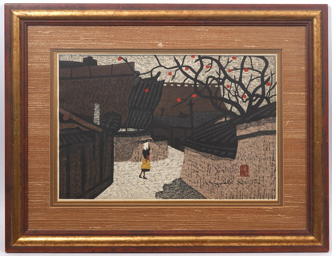 Kiyoshi Saito Japanese Cherry Trees Woodblock: Kiyoshi Saito (Japanese, 1907-1997) "Beneath The Cherry Trees" woodblock on paper, stamped and signed lower right. Measurements: Paper - 10"H x 15"W ,Frame - 17.5"H x 22.5"W. Condition report: Good co