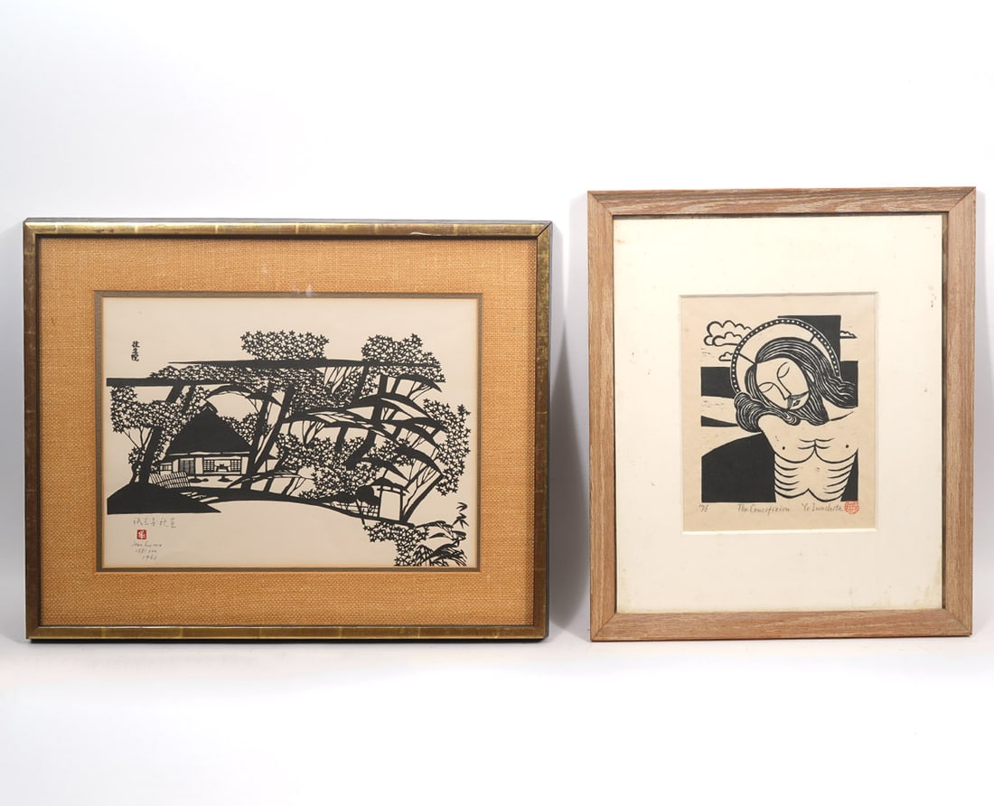 Two Japanese Woodblocks Mikumo & Iwashida: Two Japanese woodblocks includes: Mikumo (Nenjiro Inagaki) Modernist woodblock, signed, numbered (115/300), and dated 1963 lower left. Measurements: Visual image - 11"H x 15"W, Frame 17"H x 21"W; Yo I