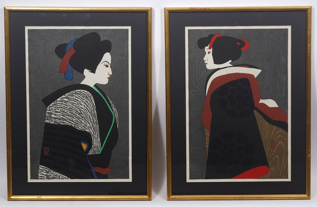 Pair of Kiyoshi Saito Japanese Geisha Woodblocks: Pair of Kiyoshi Saito (Japanese, 1907-1997) geisha woodblocks, each signed and stamped by artist. Measures 15"H x 10"W , Frame 19.5"H x 14.5"W. Condition report: Good condition, please examine all pho