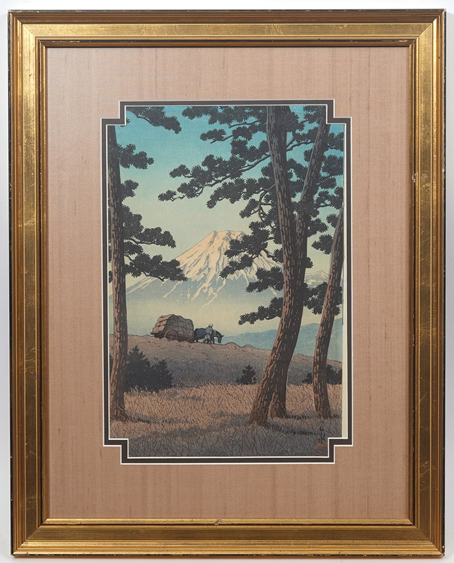 Kawase Hasui "Dusk At Tagonoura Beach" Woodblock: Kawase Hasui (Japanese, 1883-1957) "Dusk At Tagonoura Beach" color woodblock print, circa 1941. Description of artist's work on verso. Measurements: Visual image - 14.5"H x 9.5"W; Framed - 21.5"H x 17