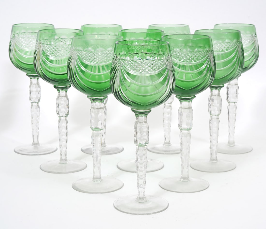 10 Bohemian Green Cut to Clear Wine Glasses: 10 Bohemian green cut to clear wine glasses with decorative etched clear stems and bases. Measures 8.5"H; 2 5/8"W bowl. Condition report: good condition, please see all photos. Contact C. Biddle Aucti