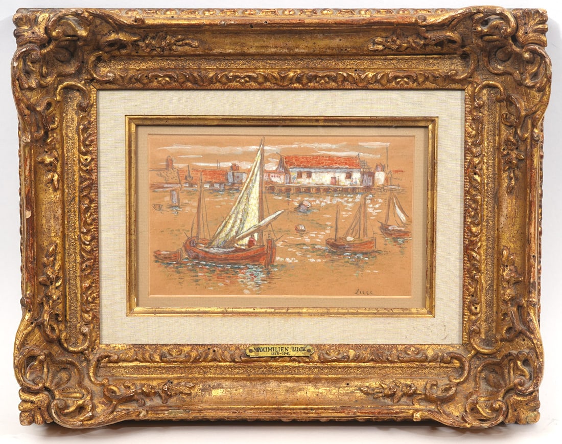 Maximilien Luce Harbour Watercolor Painting: Maximilien Luce, France (1853-1941). Italian harbour scene watercolor and pencil on paper, signed lower right. Measure 4.5" H x 7.5" W visible, framed 12"H x 15"W. Condition report: toning to paper an