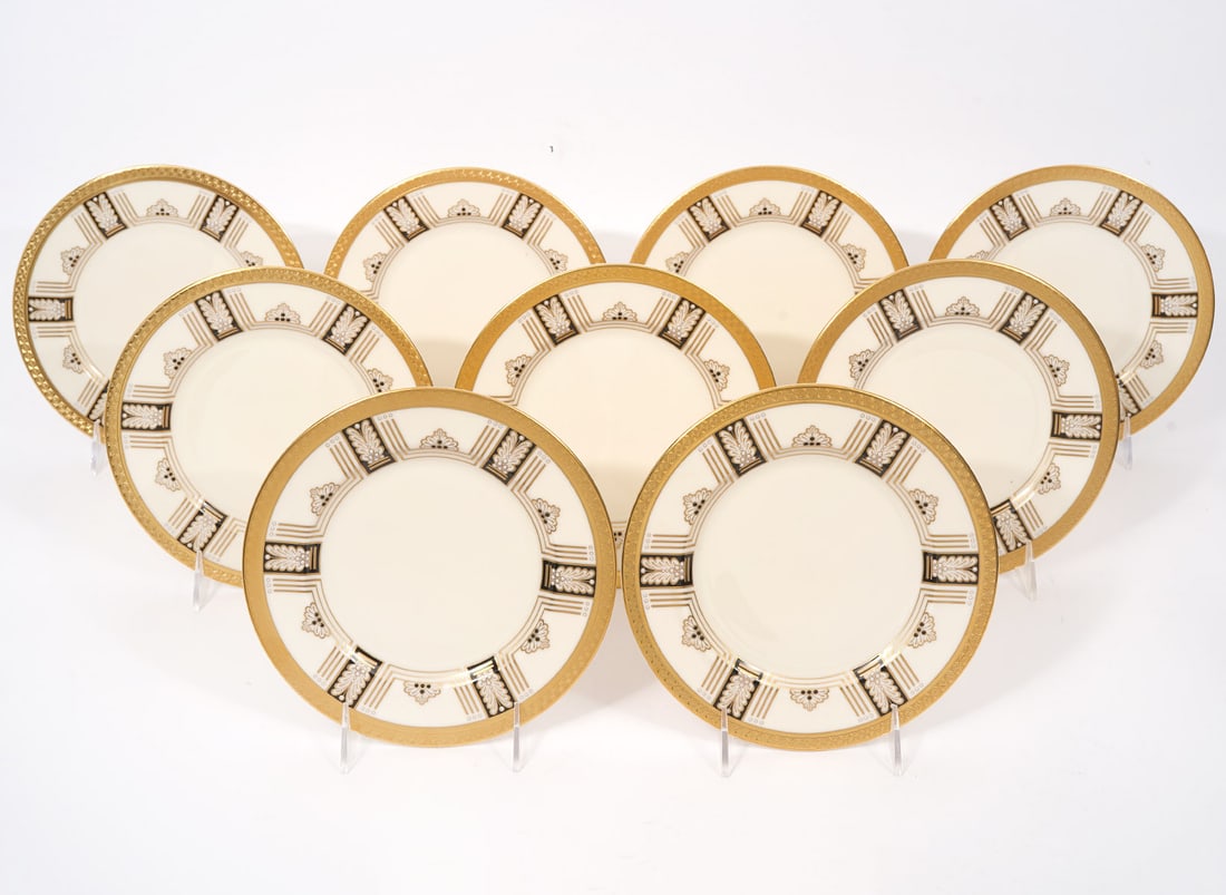 18 Haverford Hall Salad Plates by Lenox: 18 bone china Haverford Hall salad plates by Lenox in ivory with black and gold designed beaded trim. Marked on underside. Measures 8"W. Condition report: good condition, please see all photos. Contac