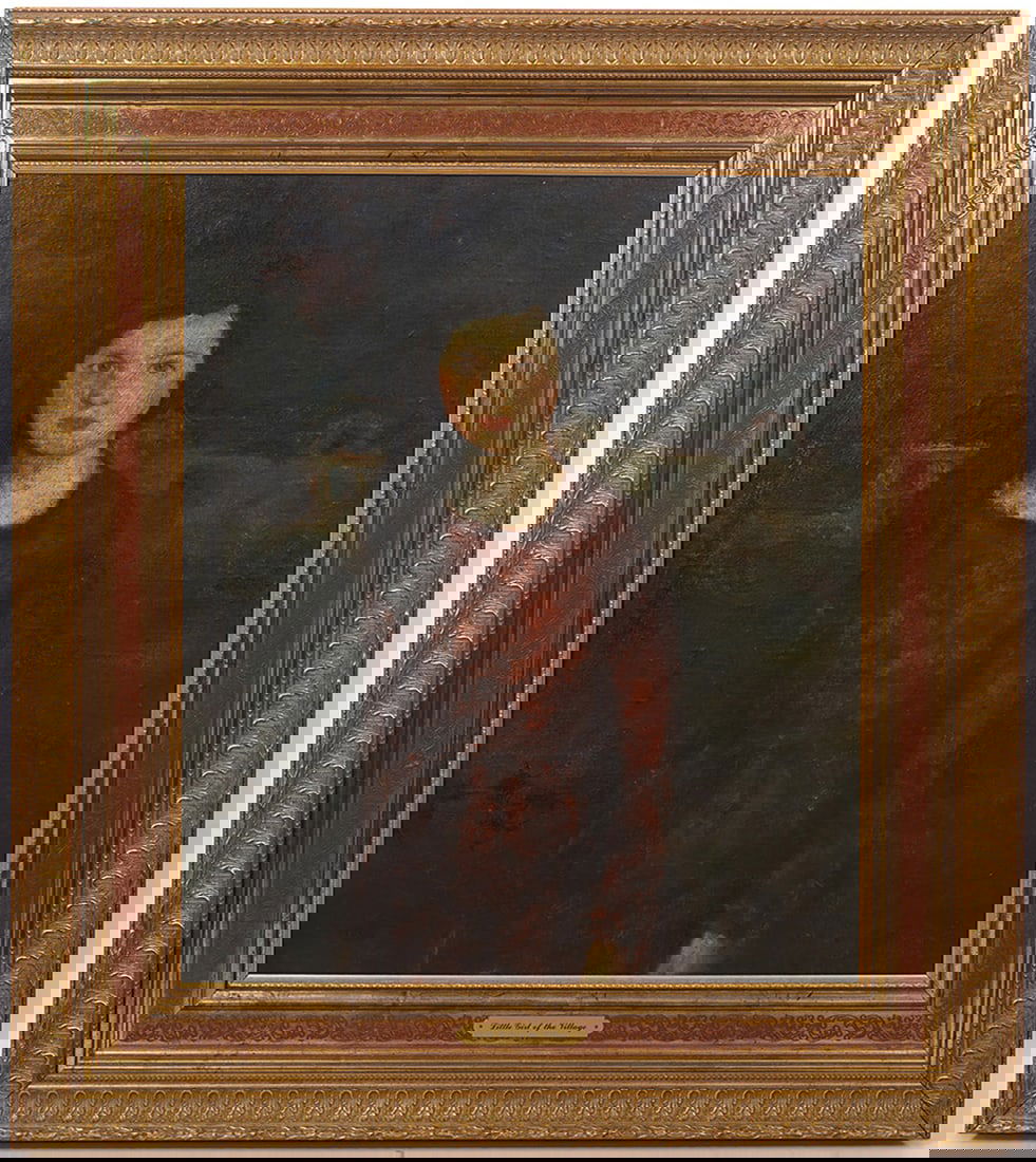 19c. Oil Painting of Little Girl of the Village: 19c. Original Oil painting of 'Little Girl of the Village' oil on board, unsigned. Measures 28.5" H x 23.5" W, framed 40"H x 35"W. Condition report: good condition, please see all photos. Contact C. B