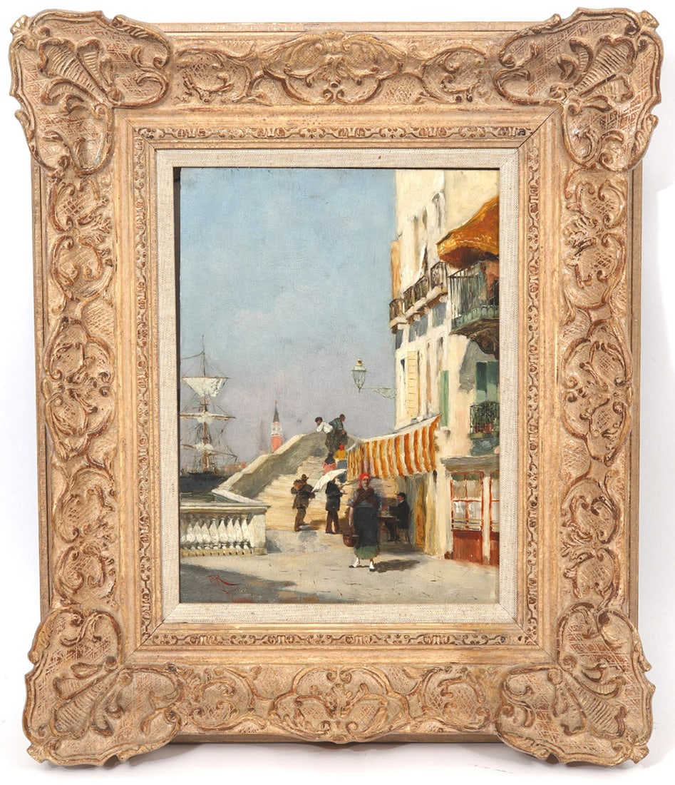 Signed Venetian Street Scene Oil Painting: Venetian street scene signed oil painting on board. Signed "AMR" "Venice 1880". Measures 12.25" H x 9.5"W, framed 10.5"H x 17.5"W. Condition report: good, wear to frame, please see all photos. Contact