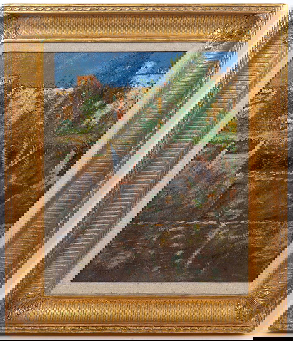 Italian Landscape Oil Painting Illegibly Signed: Nicely executed Italian landscape painting. Oil on board, illegibly signed lower left. Wonderful gilt wood frame. Measures 15.5" H x 19.5" W, framed 23.5"H x 28"W. Condition report: minor frame wear.