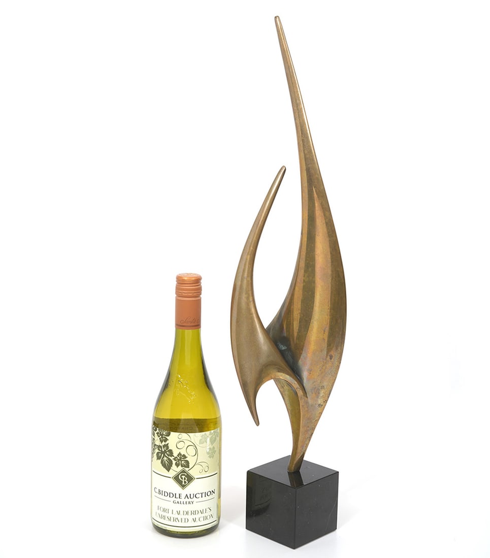 Bob & Tom Bennett 23" Modern Bronze Sculpture: Bob & Tom Bennett modernist bronze sculpture on marble base. Signed, dated 1984 and numbered 25/150. 23" H with base x 4.5" W x 5" D. Condition report: bronze is in good condition, minor chip to marbl