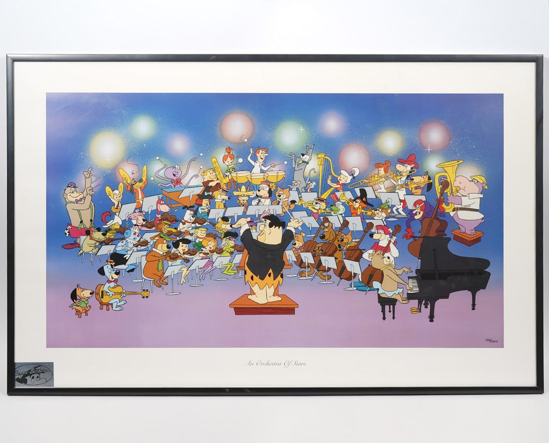 Hanna Barbera 'An Orchestra of Stars' Litho: Hanna Barbera numbered and framed lithograph with all the colorful cartoon characters. Hanna Barbera label in lower left corner, numbered 426/2500 lower right corner. Mounted in thin black frame with 