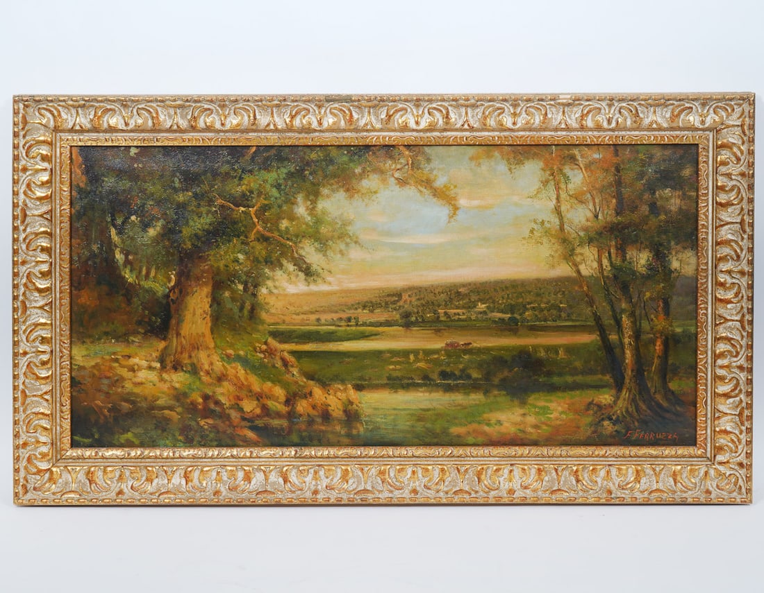 Frank Ferruzza Landscape Oil on Canvas Painting: Frank Ferruzza landscape oil on canvas painting, signed lower right. Measurements: Canvas 18"H x 36"W, Frame 24"H x 42"W. Condition report: Good condition, please examine all photos closely. Contact C