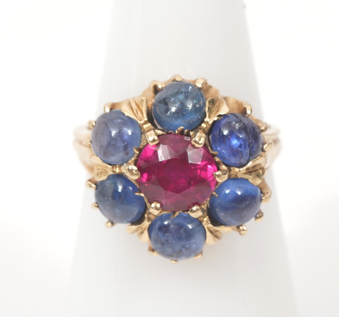 14K YG Cabochon Sapphire Ruby Cluster Ring (1 of 5)