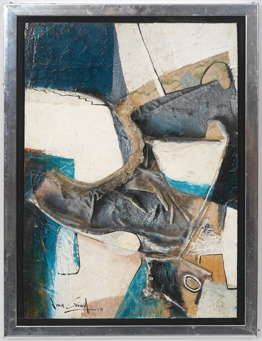 Jonas Gerard Abstract Mixed Media Painting: Jonas Gerard (American, 1941-2020) mixed media on board painting, signed lower right. Measurements - 16"H x 11.5"W. Condition report: Good condition, please examine all photos closely. Contact C. Bidd