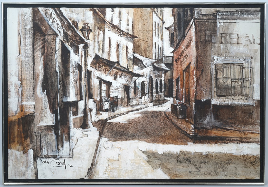 *Jonas Gerard Parisian Street Scene O/C Painting: Jonas Gerard (American, 1941-2020), Parisian street scene, oil on canvas painting, signed lower right. *Measurements - 27.5"H x 39.5"W, framed Condition report: Good condition, please examine all phot