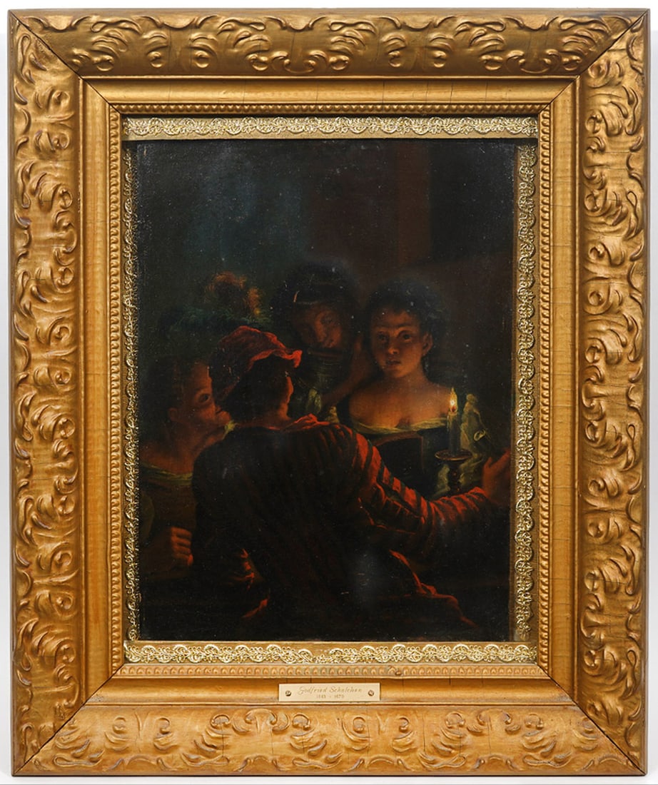 After Godfried Schalcken Oil on Board Painting: After Godfried Schalcken (Dutch, 1643-1706). Oil on board painting. Framed behind plexiglass, slightly loose. Name plaque bottom center, artist's biography on verso. Measurements: Board - 15"H x 11"W.
