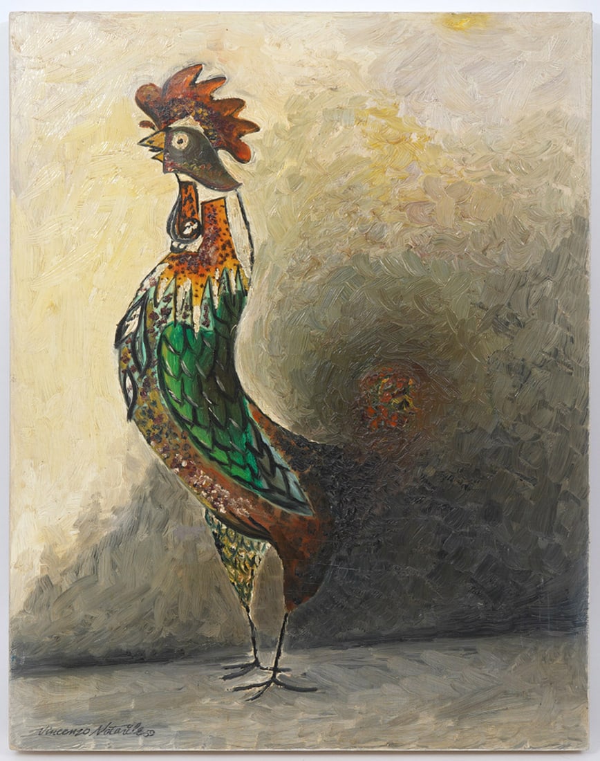 Vincenzo Notarile Oil on Board Rooster Painting: Vincenzo Notarile oil on board painting of a rooster. Signed lower left, dated 1959. Measures 24.5"H x 19"W. Condition report: Good condition, please examine all photos closely. Contact C. Biddle Auct