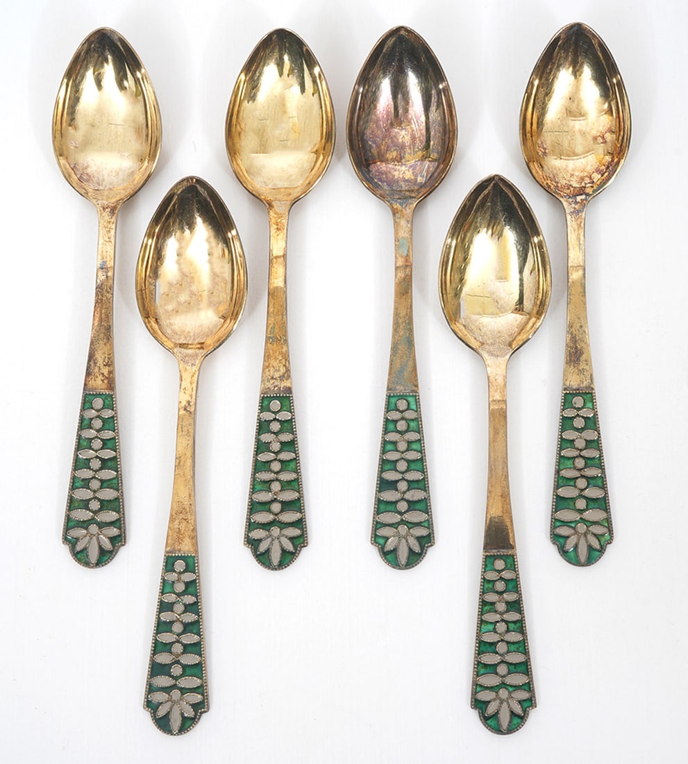 Six Russian Soviet Enamel 916 Silver Teaspoons (1 of 4)