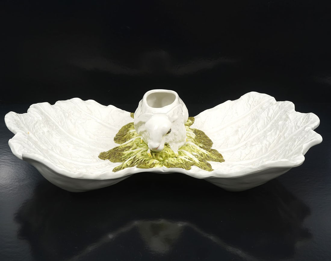 Italian Majolica Rabbit Double Serving Dish: Italian Majolica pottery double serving dish, features rabbit on bed of lettuce between cabbage shaped bowls. Measures 17"L x 11"W x 4"H. Condition report: Good condition, please examine all photos cl