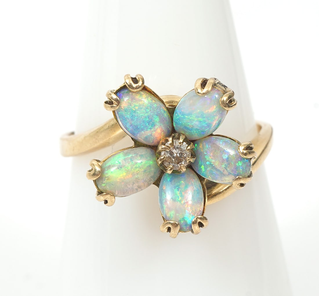 Diamond & Black Opal 14K YG Flower Ring (1 of 6)