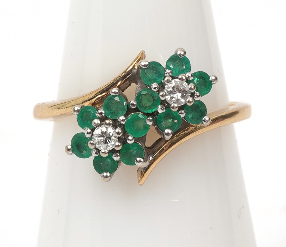 14K Gold Diamond Emerald Two Flower Ring (1 of 8)