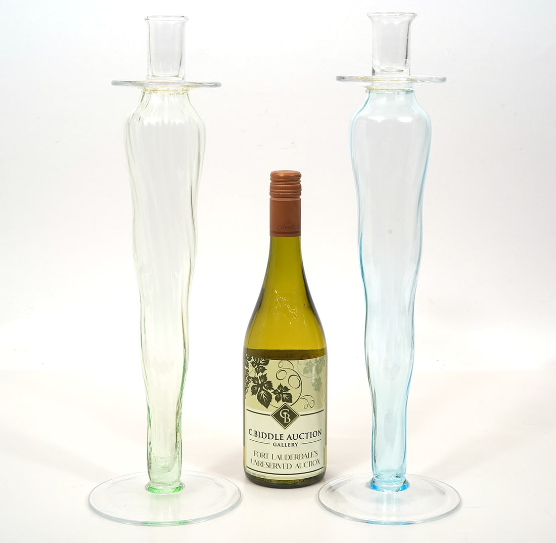 Two Hand-Blown Blue Green Glass Candlesticks (1 of 4)