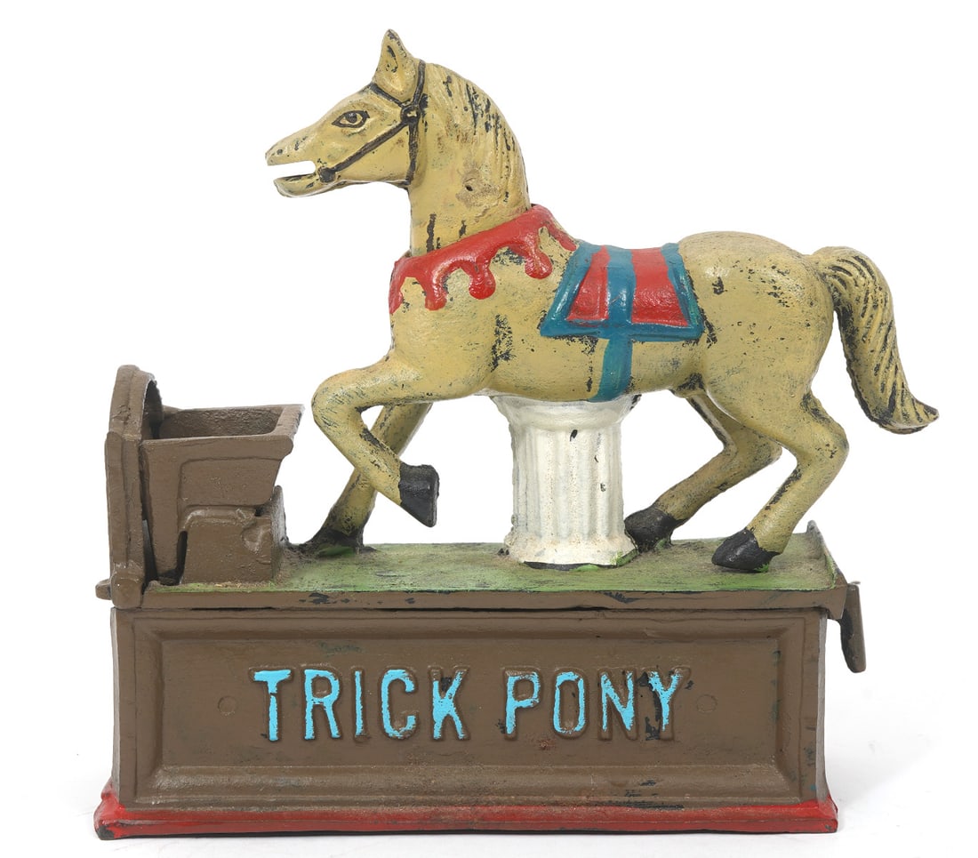 Cast Iron Trick Pony Mechanical Coin Bank: Painted cast iron "Trick Pony" mechanical coin bank. Measures 7.5"L x 2.5 "W x 7"H. Condition report: Good condition, please examine all photos closely. Contact C. Biddle Auction Gallery for more deta