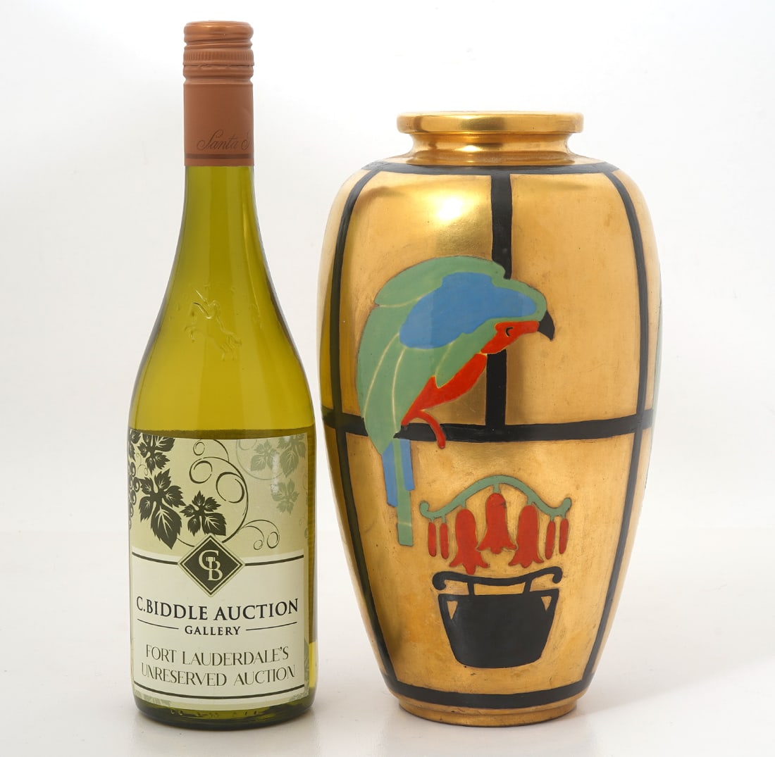 Japanese Hand-Painted Nippon Vase: Japanese hand-painted Nippon vase, features caged parrots. Measures 10.5"H x 5.5"W. Condition report: Good condition, please examine all photos closely. Contact C. Biddle Auction Gallery for more deta