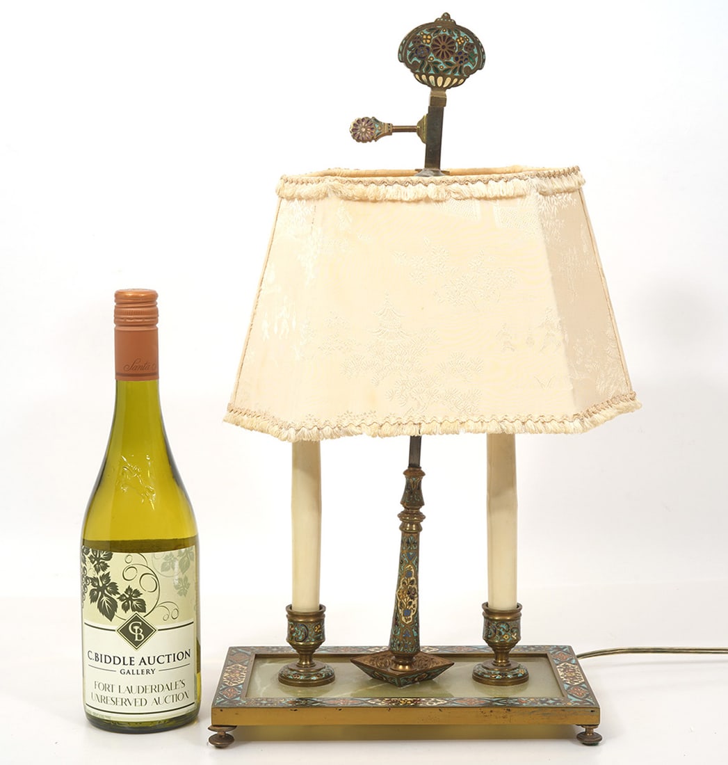 French Champleve Bronze Onyx Two Light Desk Lamp (1 of 8)