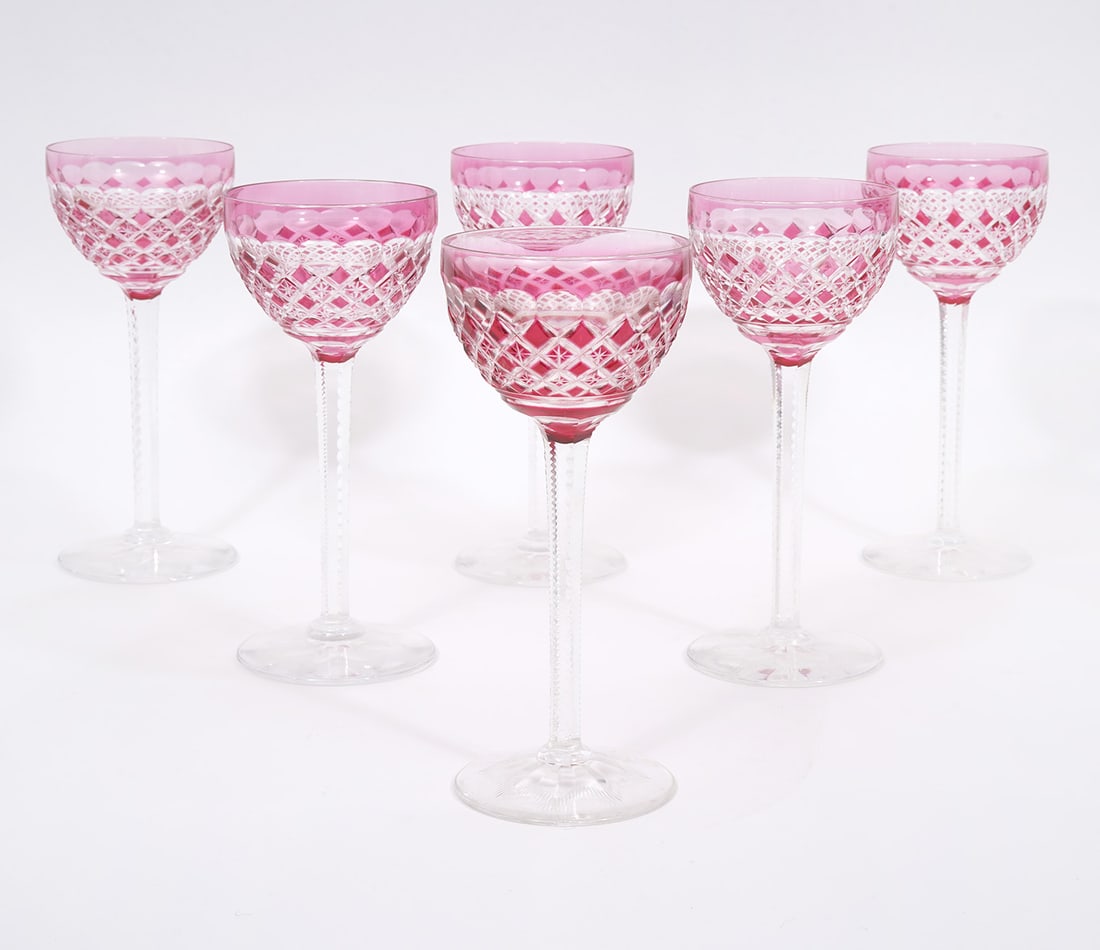6 Val St. Lambert Crystal Wine Glasses Clear & Red: Six Val St Lambert cut crystal wine glasses with etched stems and red and clear cut designs. Measures 7"H. Condition report: good condition, please see all photos. Contact C. Biddle Auction Gallery fo