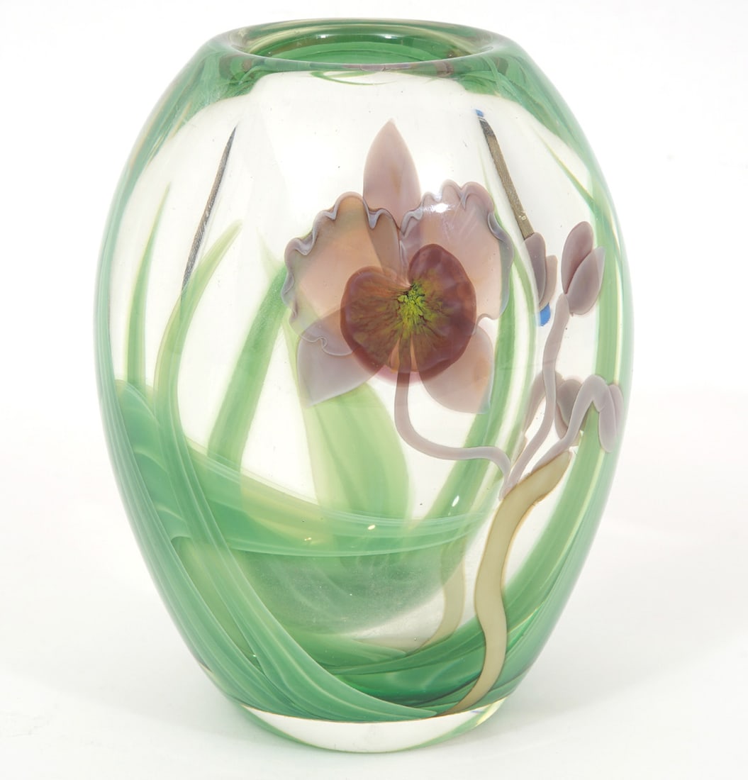 Orient & Flume Art Glass Vase by Beyers: Orient & Flume art glass vase with lavender flowers and flowing green leaves on clear glass. Etched on bottom 'Orient & Flume' and 'Beyers'. Measures 6"H x 4.5"W. Condition report: good condition, ple