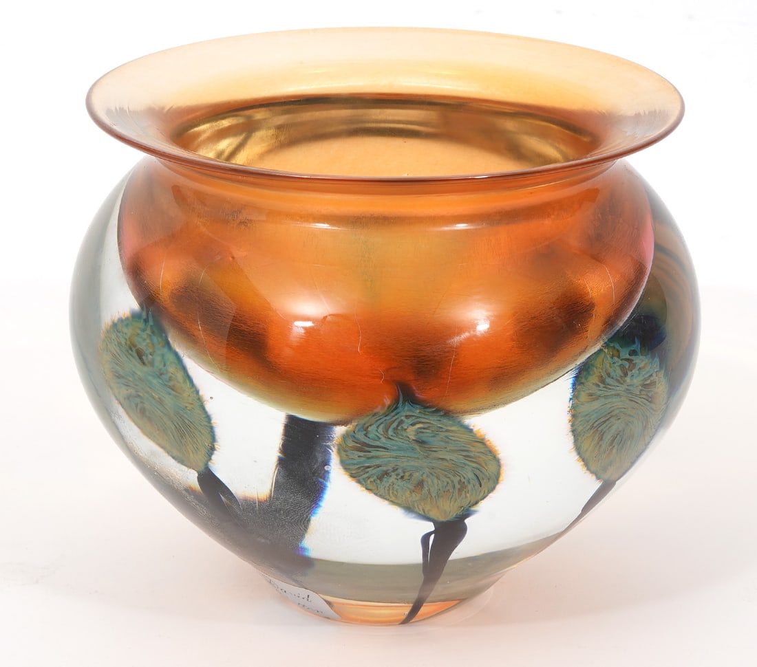 David Lotton Studios Floral Art Glass Vase: David Lotton art glass vase with floral design, signed and stickered on base. 4.5" H x 6" W. Condition report: good, no issues. Contact C. Biddle Auction Gallery for more detailed information. C. Bidd
