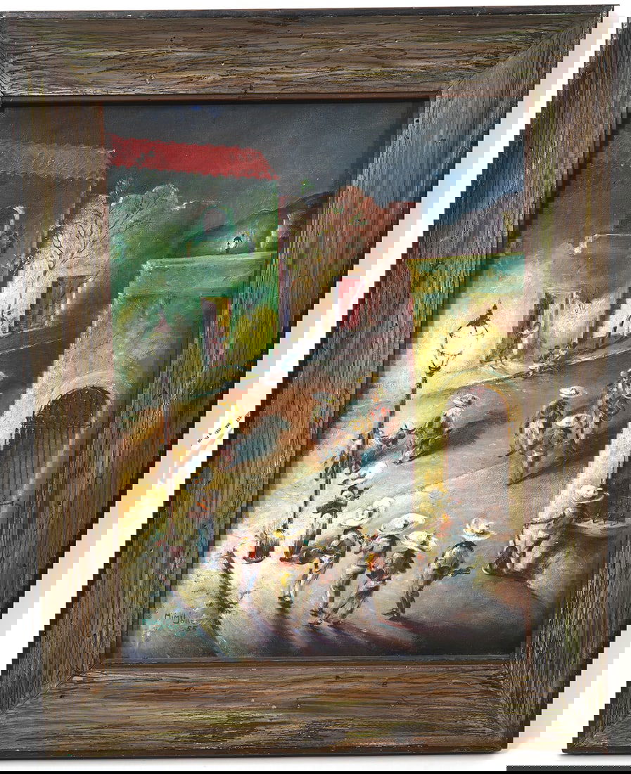 Original 1955 Mimi Jobe Oil Painting Street Scene: Mimi Jobe, American, 20th century artist. Painting is signed and dated 1955. Oil on board. Framed size 25" H x 20" W. Condition report: Normal wear with age. Contact C. Biddle Auction Gallery for more