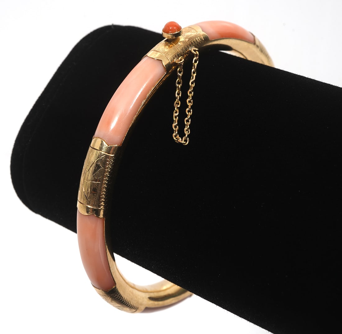 14K YG & Carved Coral Bangle Bracelet (1 of 6)