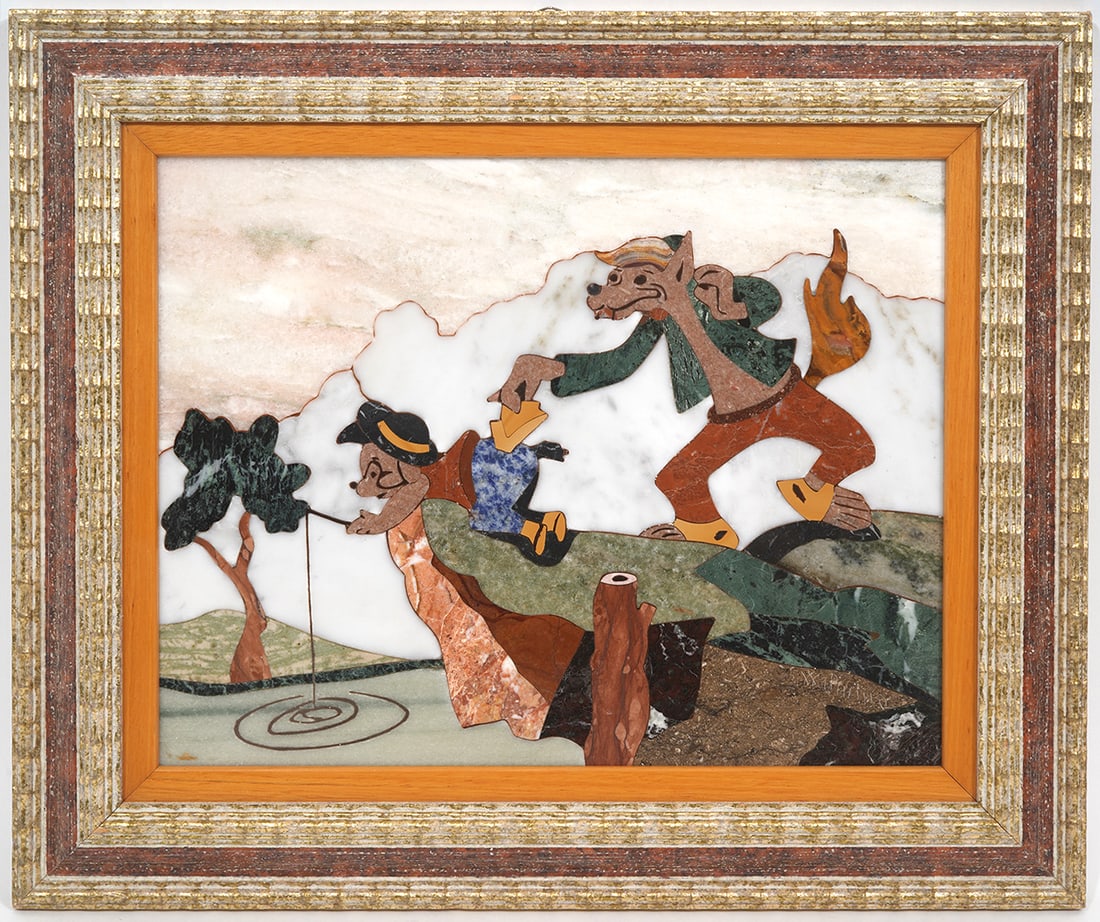 Vatican Pietra Dura Framed Plaque of Wolf & Bear (1 of 7)