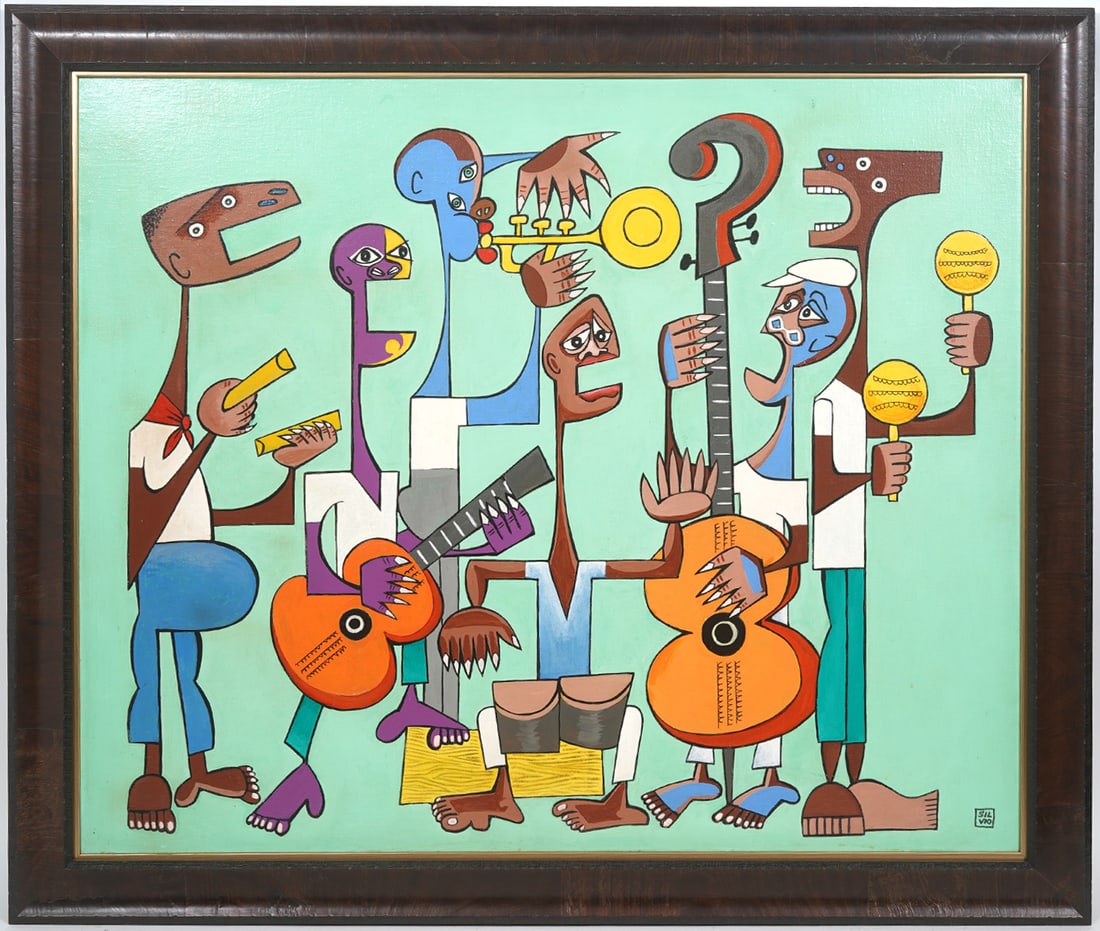 Jazz Musicians Group Painting Signed Silvio: Jazz musicians oil on canvas painting mounted in a wood frame and signed Silvio bottom right. Measurements: 35"H x 41"W framed; 26.75"H x 32"W visual. Condition report: Good condition, please examine 