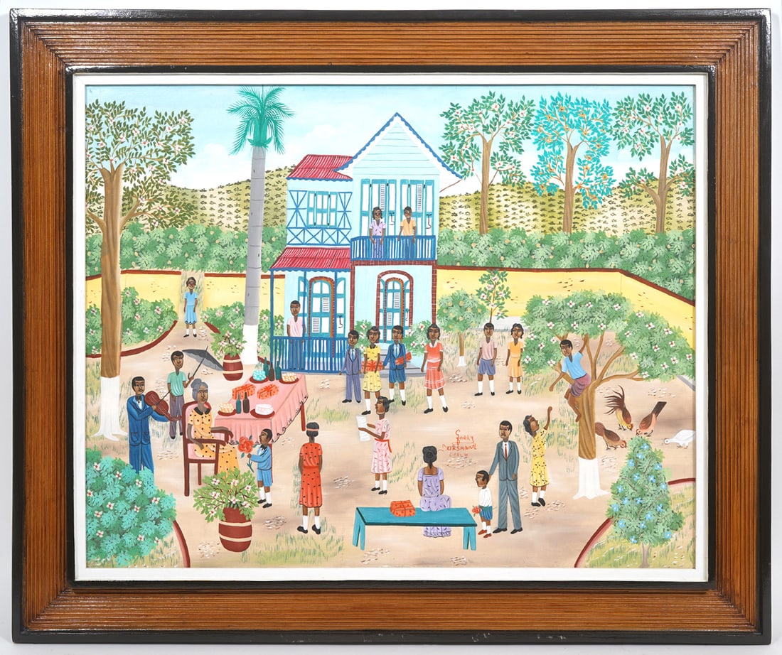Garry Dorsainvil Haitian Folk Art Painting: Garry Dorsainvil, Haiti 20th C. Haitian folk art painting signed in center. Measurements: Visual image - 21"H x 23"W; Frame - 31"H x 37"W. Condition report: Good condition, please examine all photos c