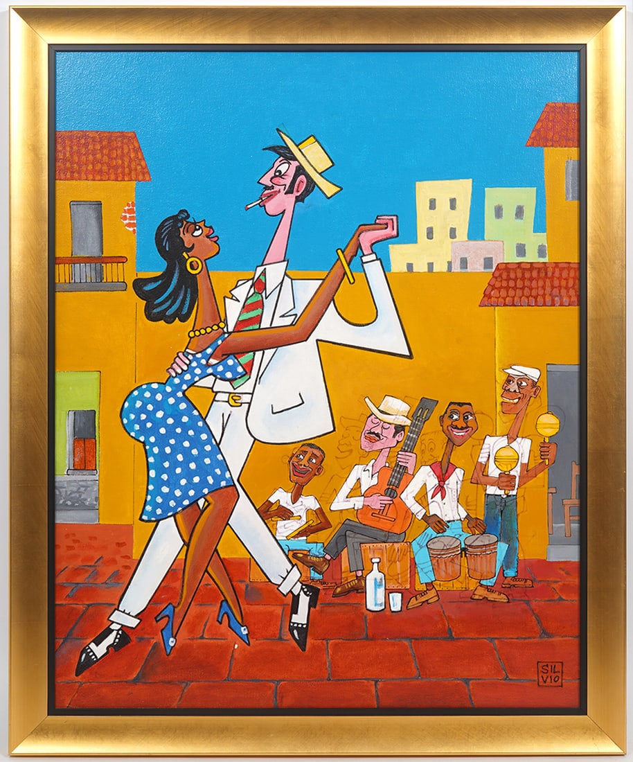 Latin Dancers Acrylic Painting Signed Silvio: Acrylic painting of Latin Dancers signed Silvio. Measurements: Visual image - 29"H x 23"W, Frame 33"H x 27"W. Condition report: Good condition, please examine all photos closely. Contact C. Biddle Auc