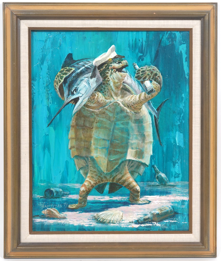 Phil Brinkman Sea Turtle Oil Painting: Phil Brinkman, American (1916-2000). Sea turtle oil on canvas painting, signed lower left. Measurements: Frame 22"H x 18.5"W, Visual image 18"H x 14"W. Condition report: Good condition, please examine