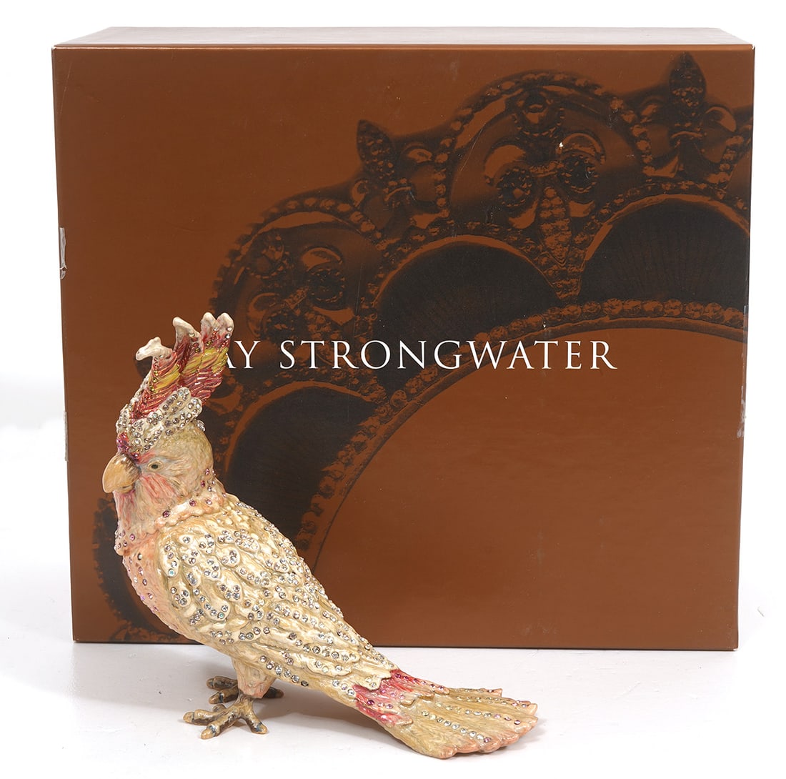 Jay Strongwater Enamel & Jeweled Cockatoo: Jay Strongwater enamel and jeweled cockatoo, includes original box and dust bag, measures 5.75"H x 5.5"W. Condition report: Good condition, please examine all photos closely. Contact C. Biddle Auction