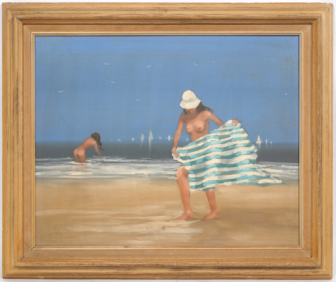 Signed Oil on Canvas Painting Nude Bathers: Oil on canvas painting of nude bathers, signed illegibly lower left. Measurements: Canvas 16"H x 20"W , Frame 21"H x 24"W. Condition report: Good condition, please examine all photos closely. Contact