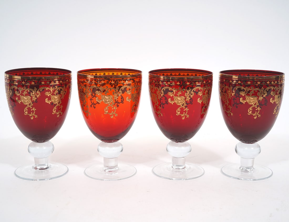 4 Bohemian Ruby Gold Clear Stem Goblets (1 of 4)